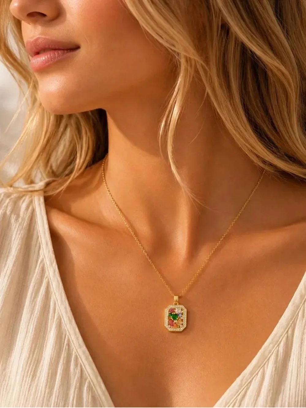 18K Gold Plated Colorful Zircon Necklace for Women, Rainbow Gemstone Pendant